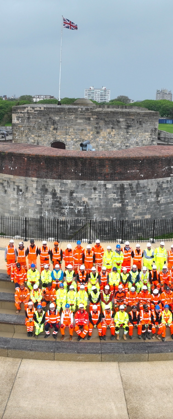 Southsea team at opening of Frontage 4 stood outside Southsea Castle