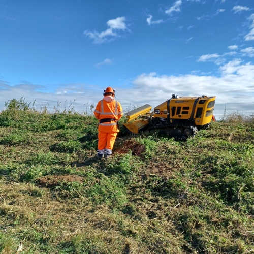 Picture of a man stood next to a digital lawnmower.