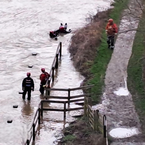 People in a river practicing safety training.