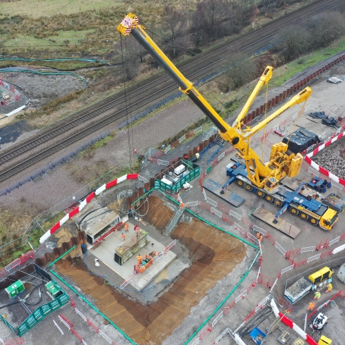 Ariel of a crane on site.