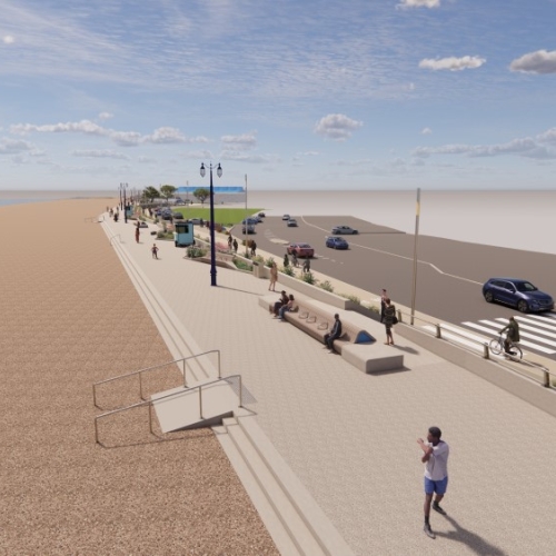 artist impression of promenade by a beach and a road on the right hand side