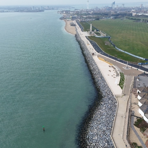 Aerial photo of coastline with promenade