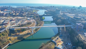 Arial photo of new wear footbridge being constructed over the river Wear