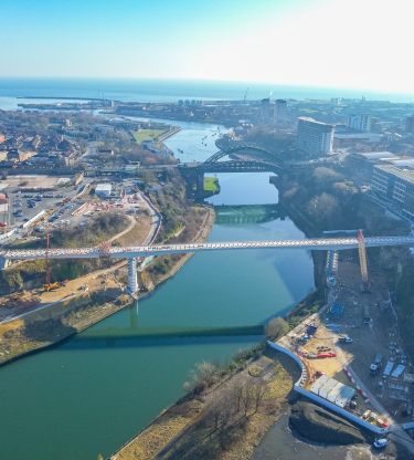 Arial photo of new wear footbridge being constructed over the river Wear