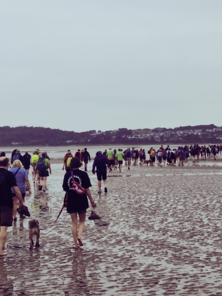 group of people walking across a beach