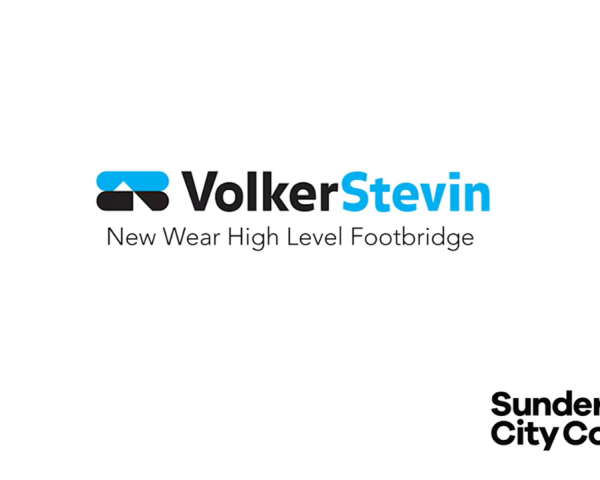 VolkerStevin logo with text underneath which reads 'New Wear high-level Footbridge' and Sunderland City Council logo in the bottom right corner.