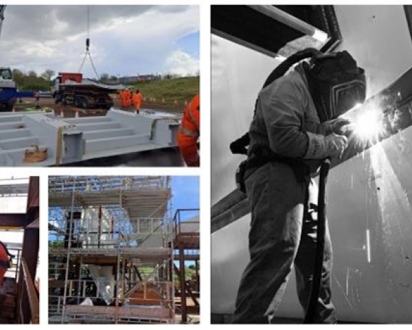 A collage of pictures of people welding gates together. 