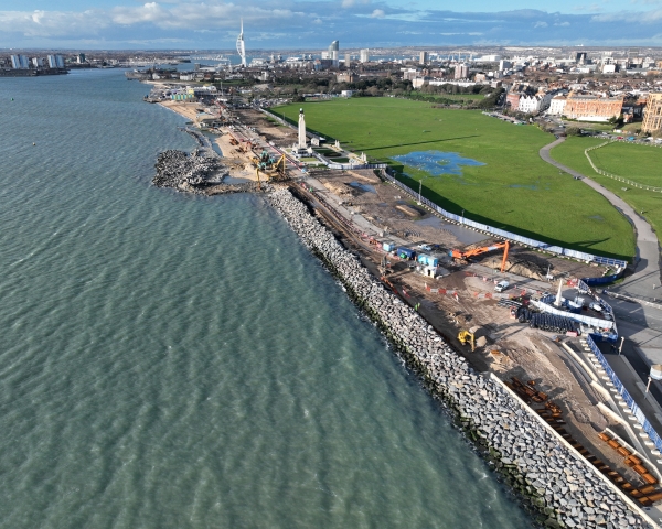 Aerial view of construction work along the seafront promenade at Southsea