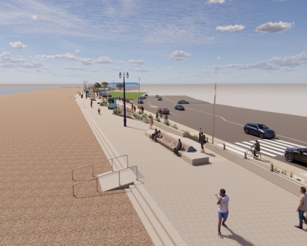 artist impression of promenade by a beach and a road on the right hand side
