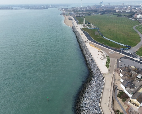 Aerial photo of coastline with promenade