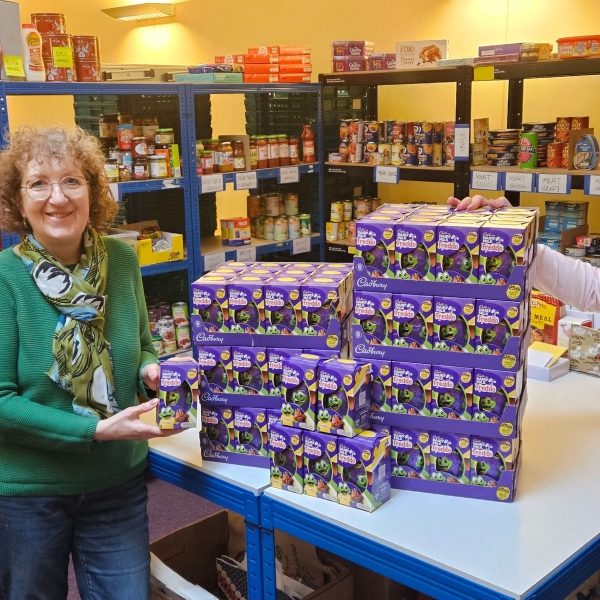 Member of VolkerStevin, working on the Kendal Flood Risk Management Scheme, and volunteer with the Easter eggs they are donating.