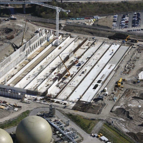 Construction on a wastewater treatment works showing a crane