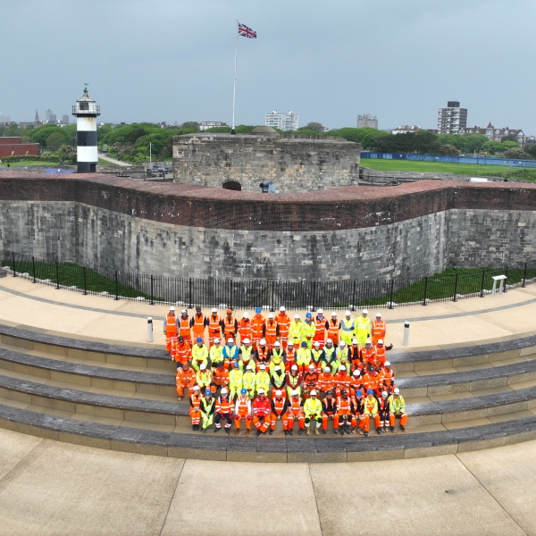 Southsea team at opening of Frontage 4 stood outside Southsea Castle