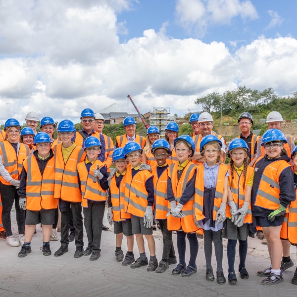 Children in high vis on the Wear Bridge project.