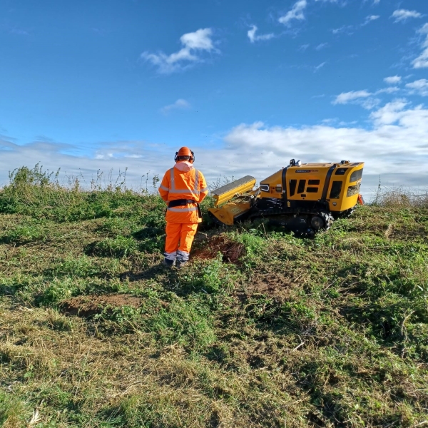 Picture of a man stood next to a digital lawnmower.