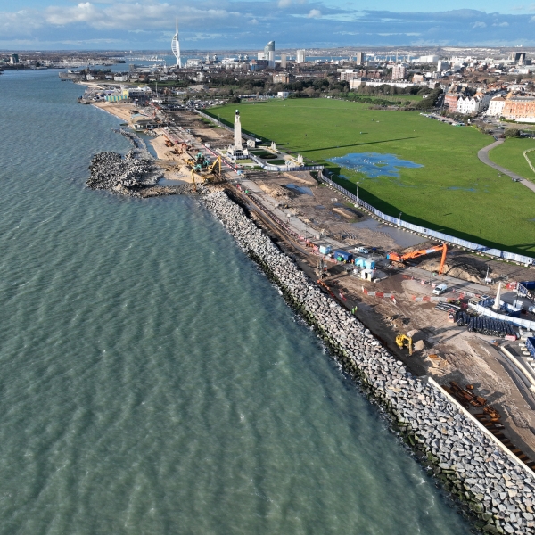 Aerial view of construction work along the seafront promenade at Southsea