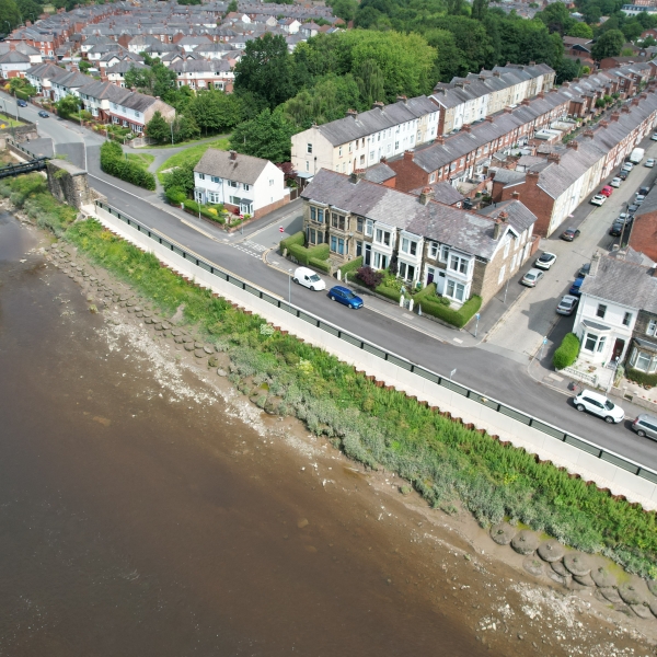 Preston & South Ribble Flood Risk Management Scheme aerial view of River ribble with new flood walls