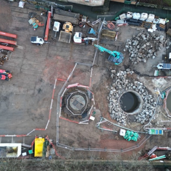 Appleby Flood Risk Management Scheme aerial overview of construction work