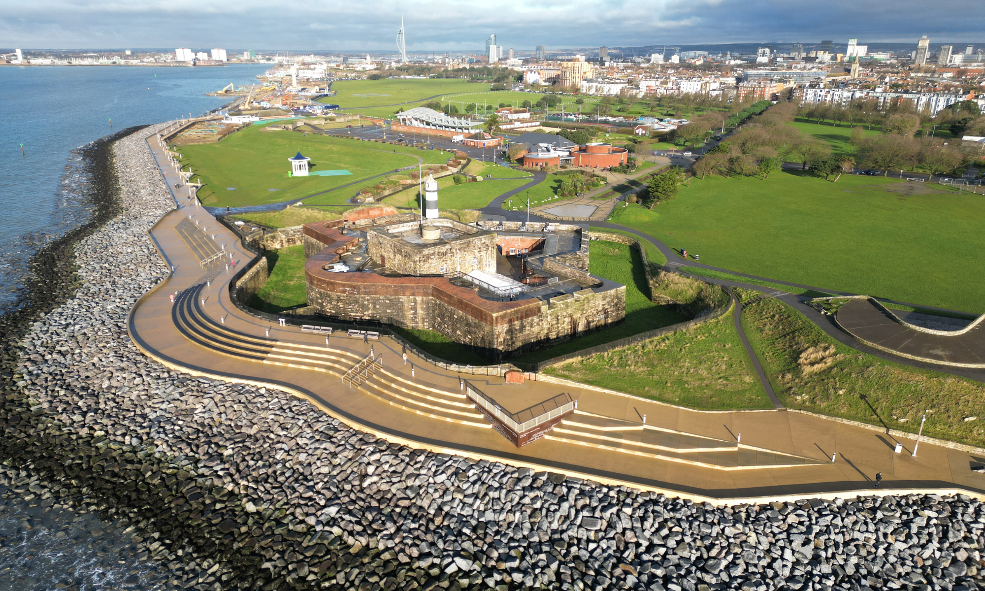 Aerial view of Southsea Castel with promenade to the front onto the sea