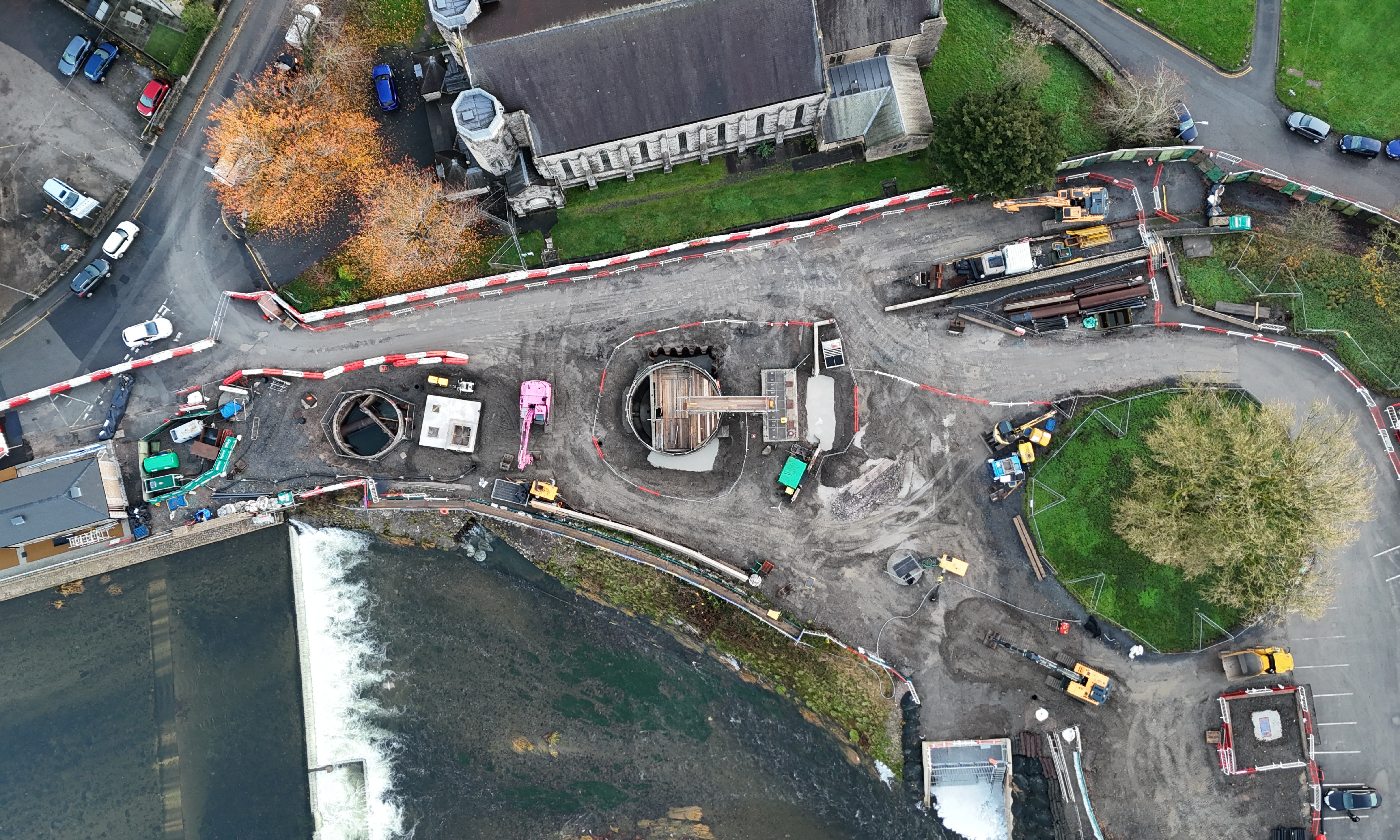Kendal Flood Risk Management Scheme aerial of construction work by a church