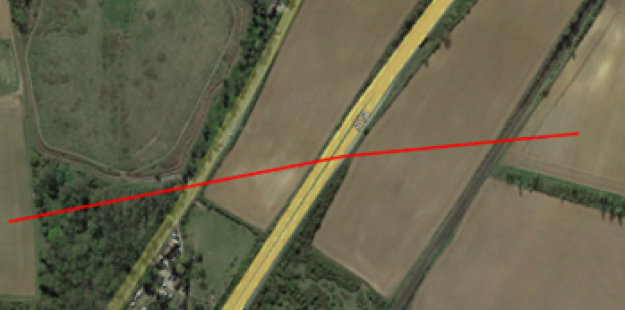 The crossing under a Network Rail asset, the A14 dual carriageway, and the B1506 road