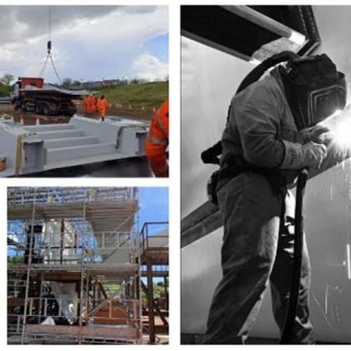 A collage of pictures of people welding gates together.