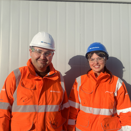 Photo of man and women stood against white building in orange hi-vis workwear