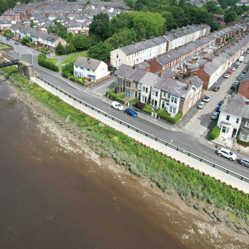 Preston & South Ribble Flood Risk Management Scheme aerial view of River ribble with new flood walls