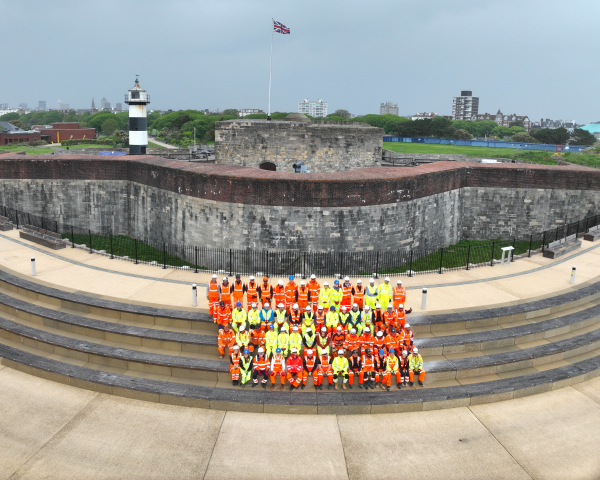 Southsea team at opening of Frontage 4 stood outside Southsea Castle
