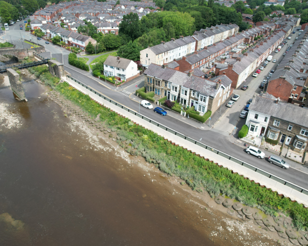 Preston & South Ribble Flood Risk Management Scheme aerial view of River ribble with new flood walls